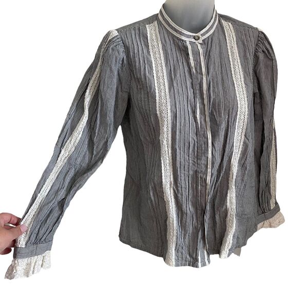 La Vie Rebecca Taylor XS Blouse Striped Lace Trim Button Down Top - Picture 7 of 8